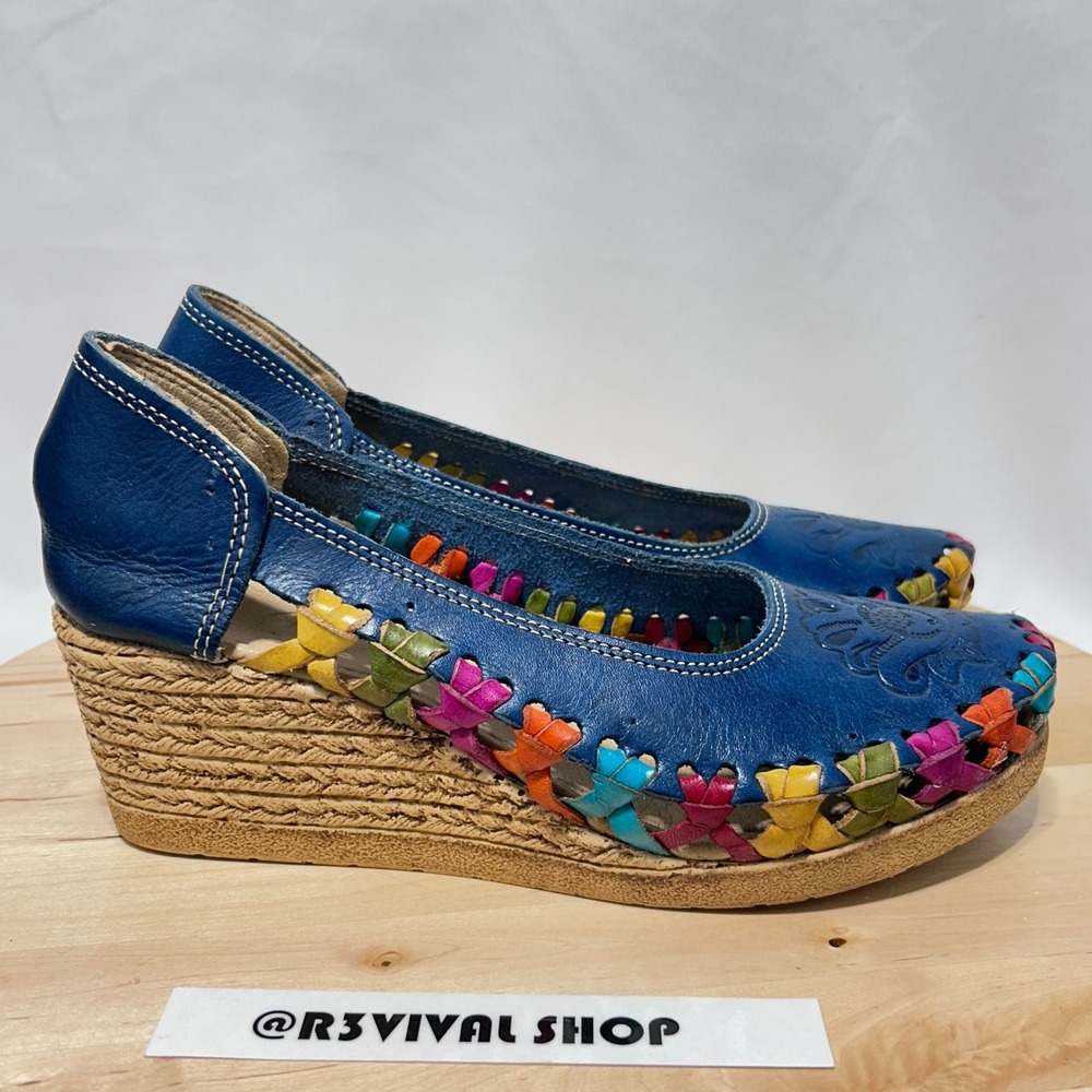 Blue Leather Wedge Sandals with Multicolor Braided Trim